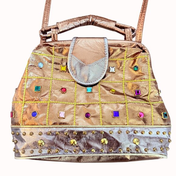 Vintage Baikal Gold Metallic Purse Retro Rhinestone Jewel Handbag Glam Party Bag - Picture 2 of 16